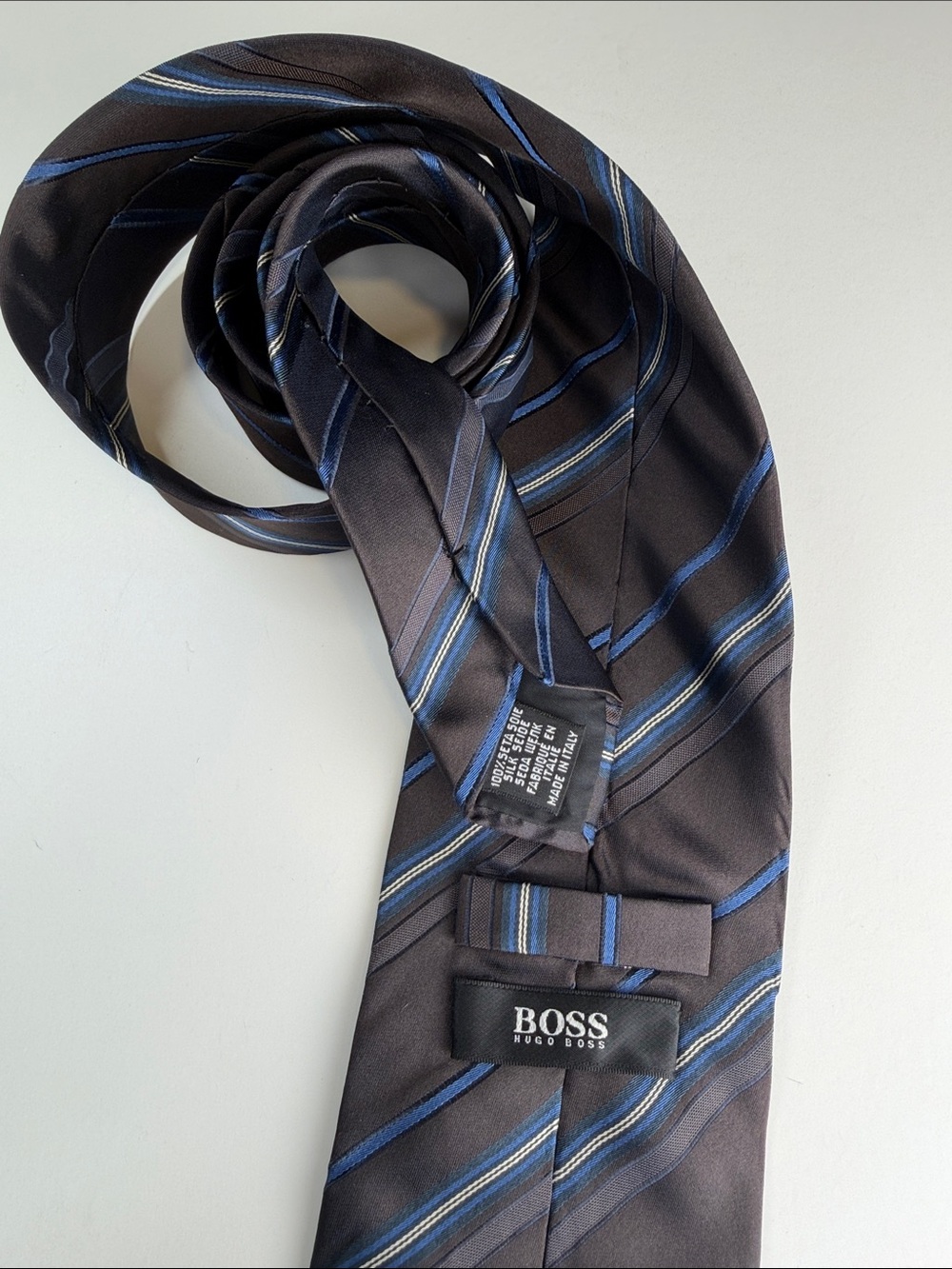 Hugo Boss 100% Silk Tie - Charcoal & Navy Multi-Stripe